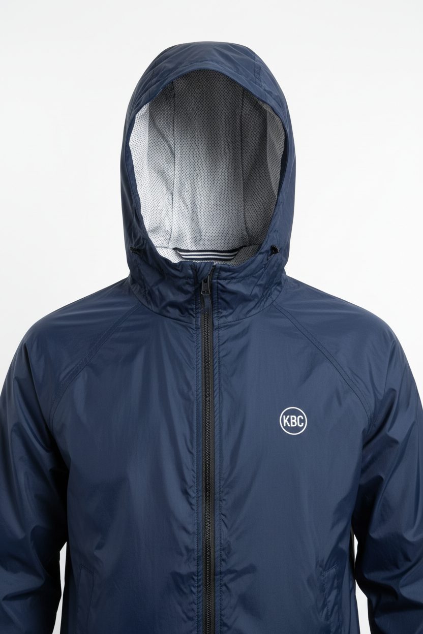 Custom nylon rain jacket with hood and KBC branding - ghost mannequin