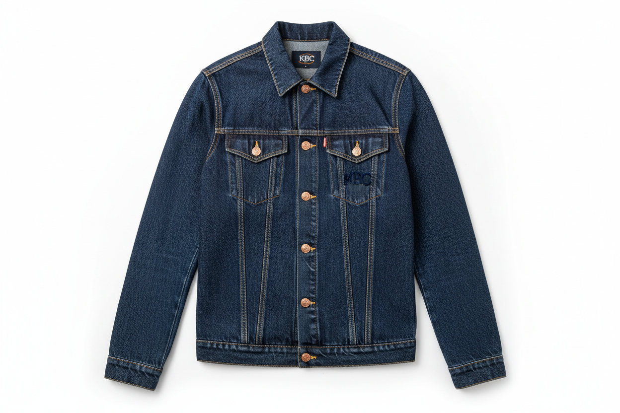 Custom denim jacket manufactured by Kingbird Clothing – B2B OEM factory, classic blue denim, KBC branding