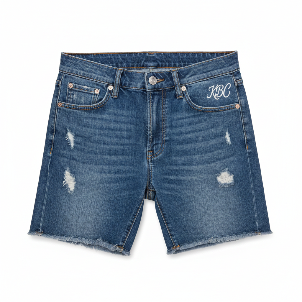 Custom denim shorts with KBC logo in classic blue denim with distressed details