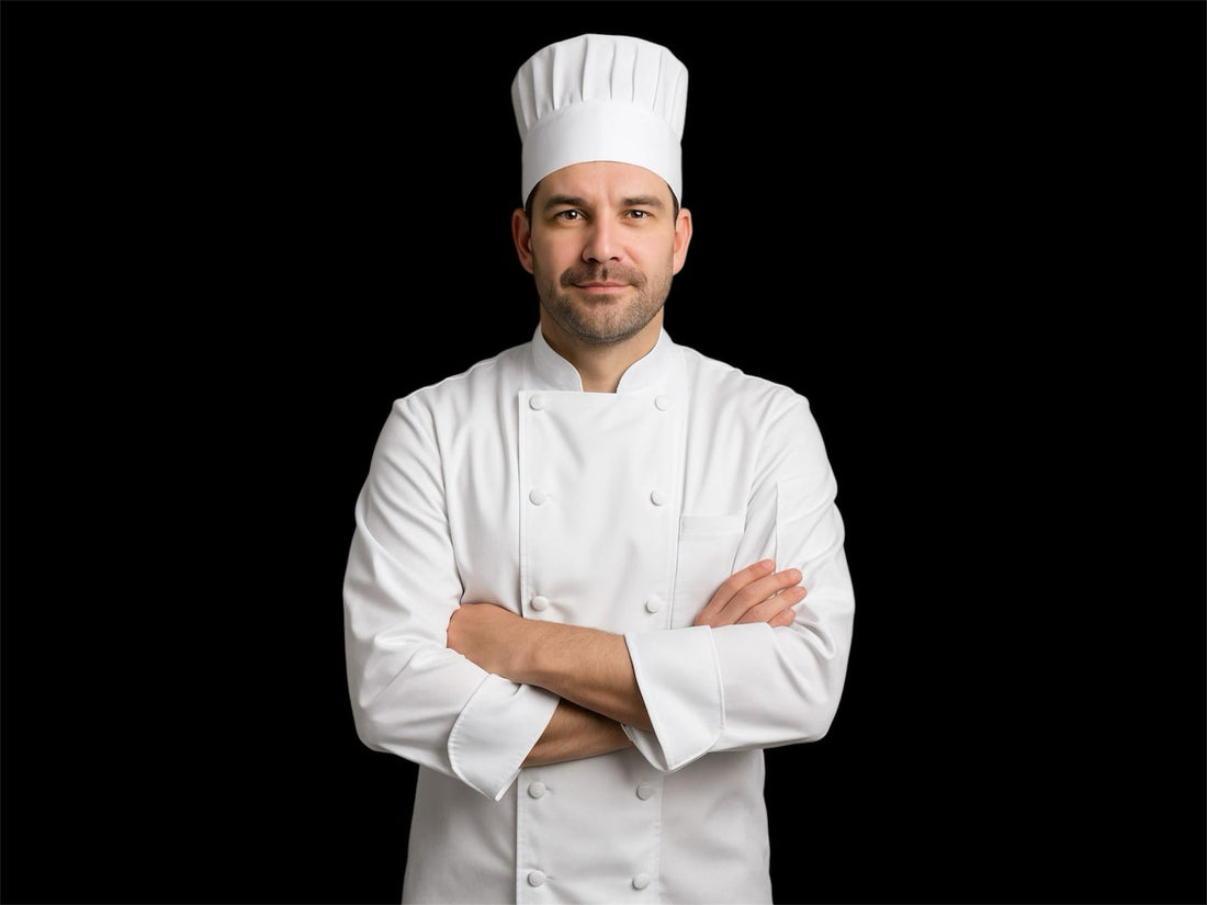 Professional chefs wearing custom embroidered white and black chef coats by Kingbird Clothing, showcasing premium quality, comfort, and style in a modern kitchen