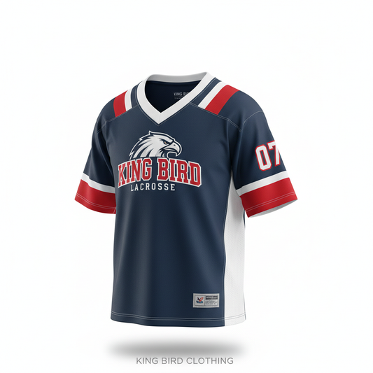 Custom Lacrosse Jersey in blue main color and white red stripes. Manufactured at kingbird clothing. High end material and premium finish