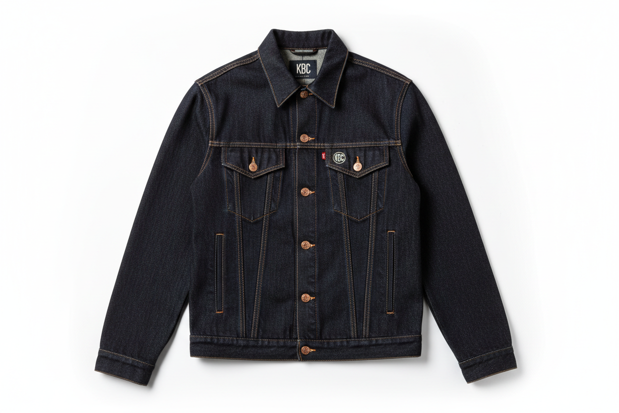 Raw denim jacket manufactured by Kingbird Clothing – dark indigo rigid denim, copper rivets, selvedge details, KBC branding, B2B OEM factory