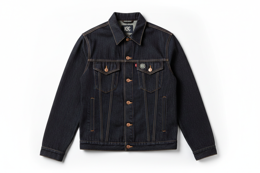 Raw denim jacket manufactured by Kingbird Clothing – dark indigo rigid denim, copper rivets, selvedge details, KBC branding, B2B OEM factory