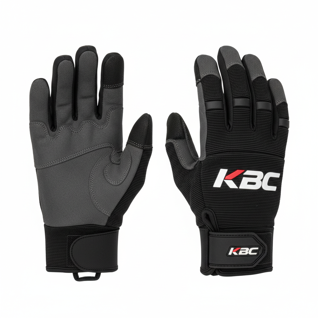 Custom work gloves with KBC logo in black and grey with reinforced palm
