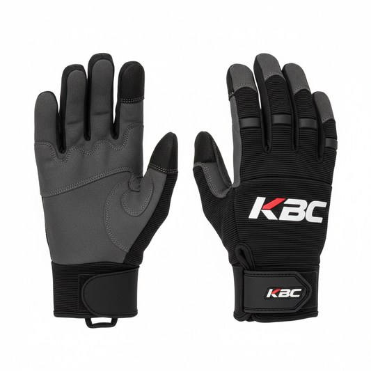 Custom work gloves with KBC logo in black and grey with reinforced palm