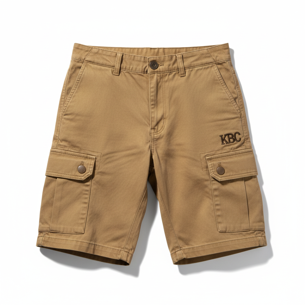 Custom cargo shorts with KBC logo in khaki beige with multiple pockets