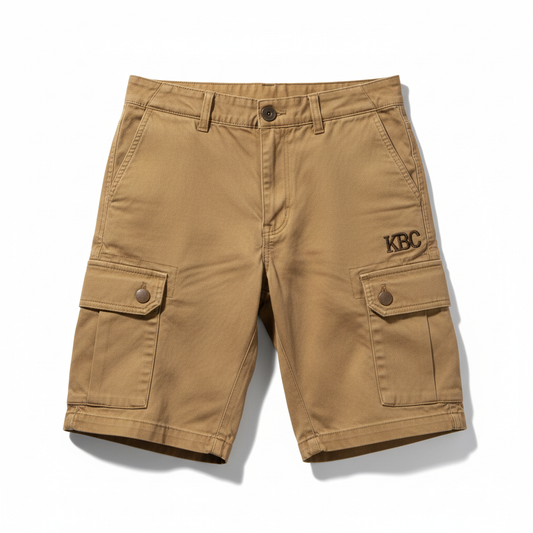 Custom cargo shorts with KBC logo in khaki beige with multiple pockets