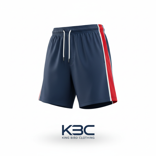 Custom sublimated lacrosse shorts in navy blue with red side stripes and white trim, ghost mannequin display by King Bird Clothing