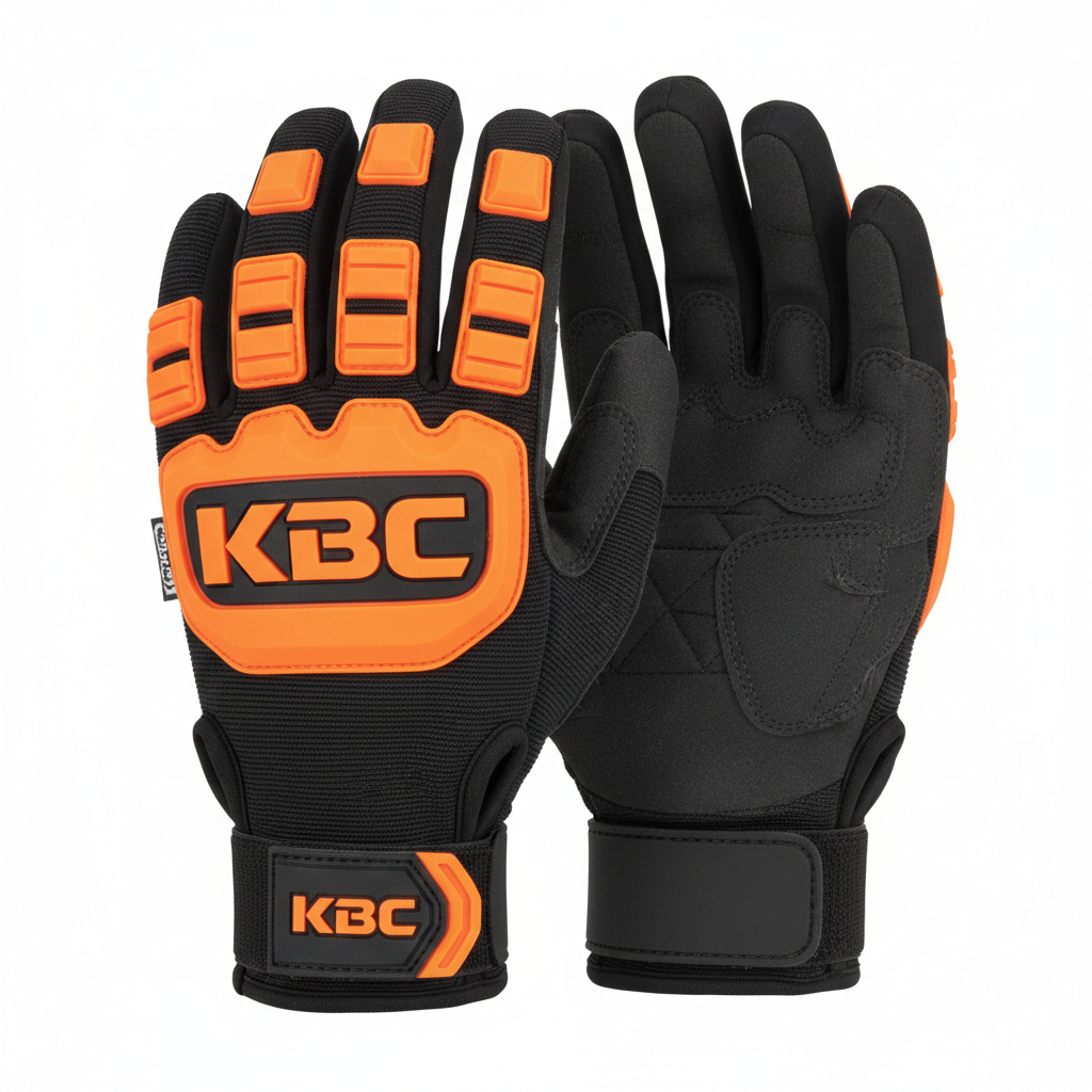 Custom TPR impact gloves with KBC logo in black and orange with rubber protection