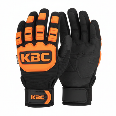 Custom TPR impact gloves with KBC logo in black and orange with rubber protection
