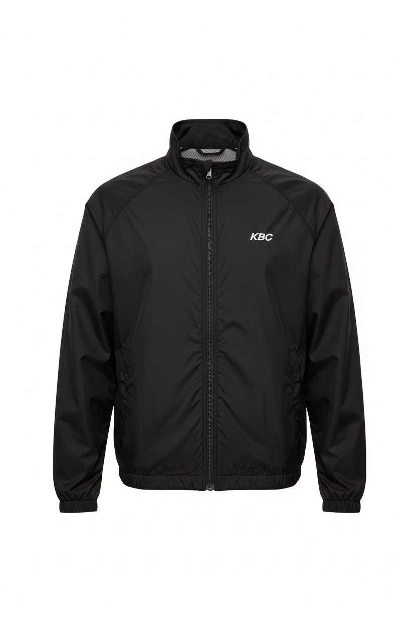 Custom nylon zip-up shell jacket with KBC branding - ghost mannequin