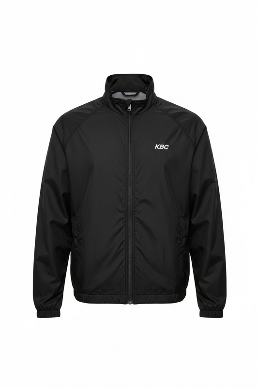 Custom nylon zip-up shell jacket with KBC branding - ghost mannequin