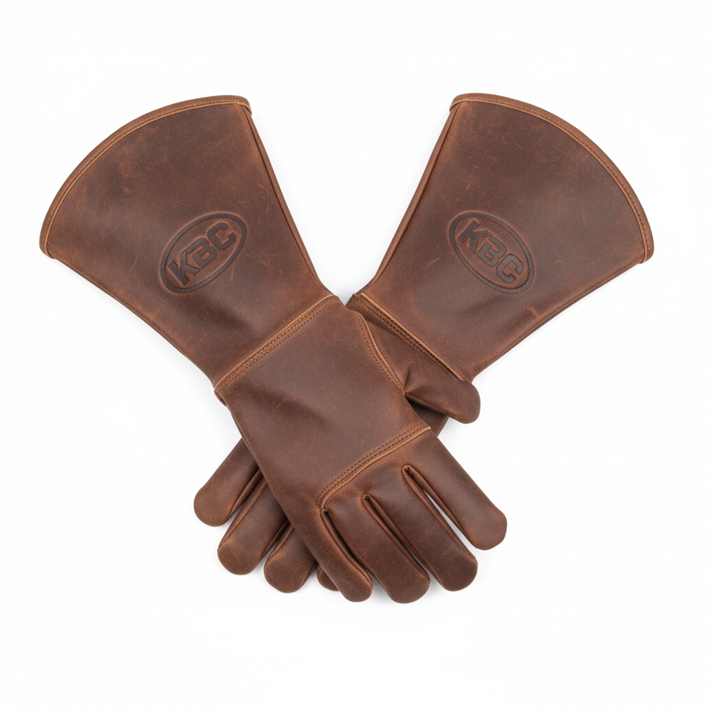 Custom welder gloves with KBC logo in brown leather with long cuff