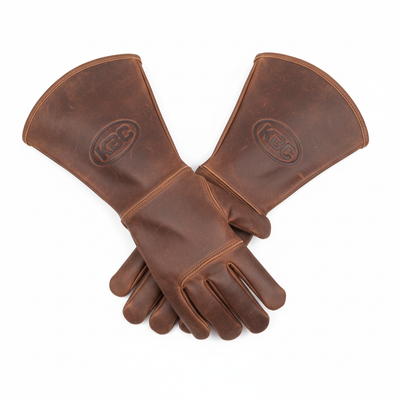 Custom welder gloves with KBC logo in brown leather with long cuff