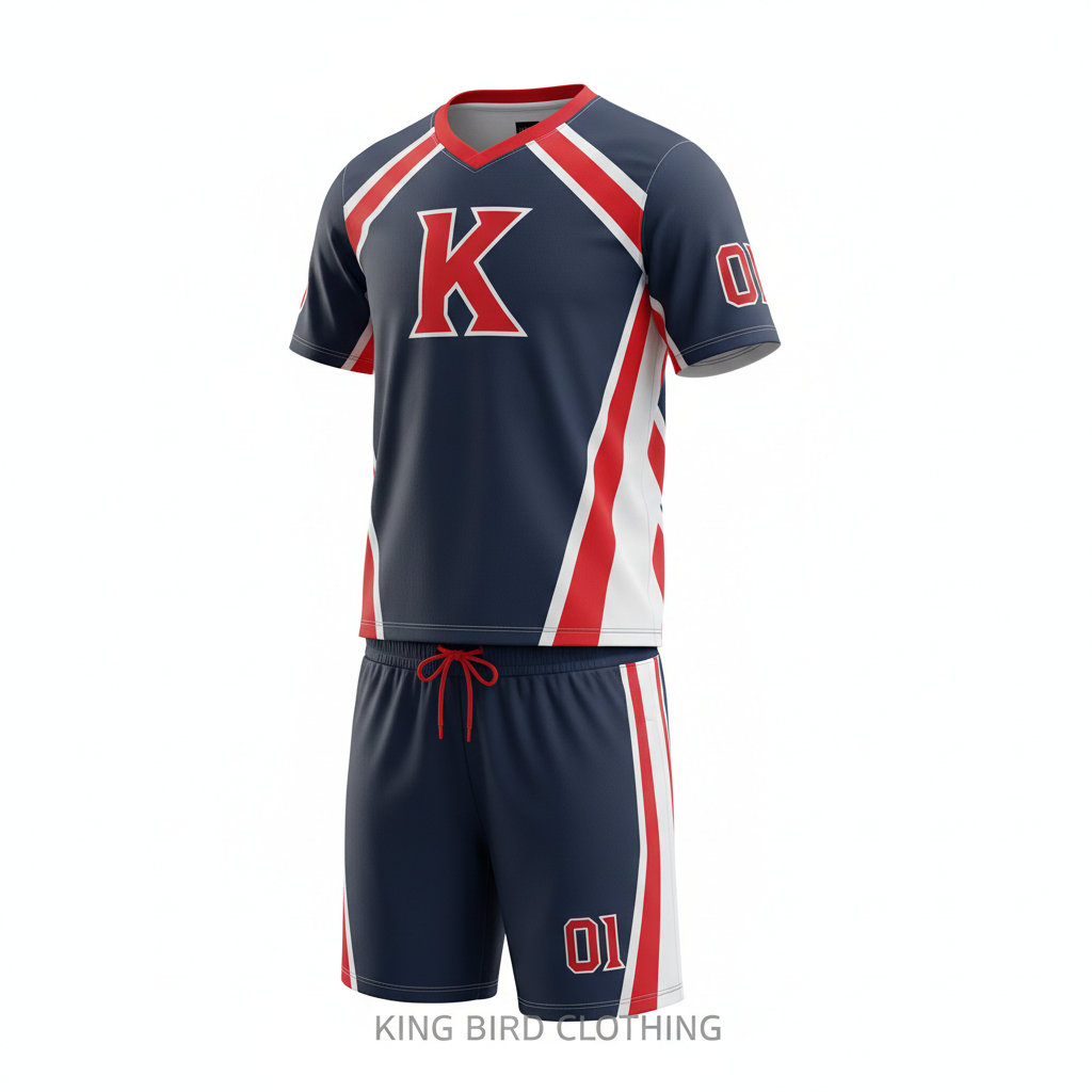 Custom lacrosse uniform team package showing matching jersey and shorts in navy, red and white by King Bird Clothing