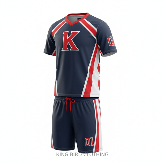 Custom lacrosse uniform team package showing matching jersey and shorts in navy, red and white by King Bird Clothing