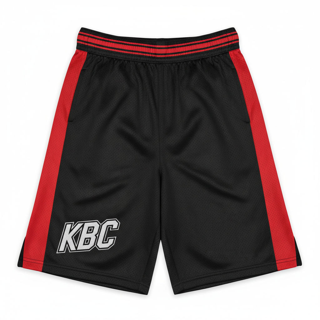 Custom basketball shorts with KBC logo in black and red