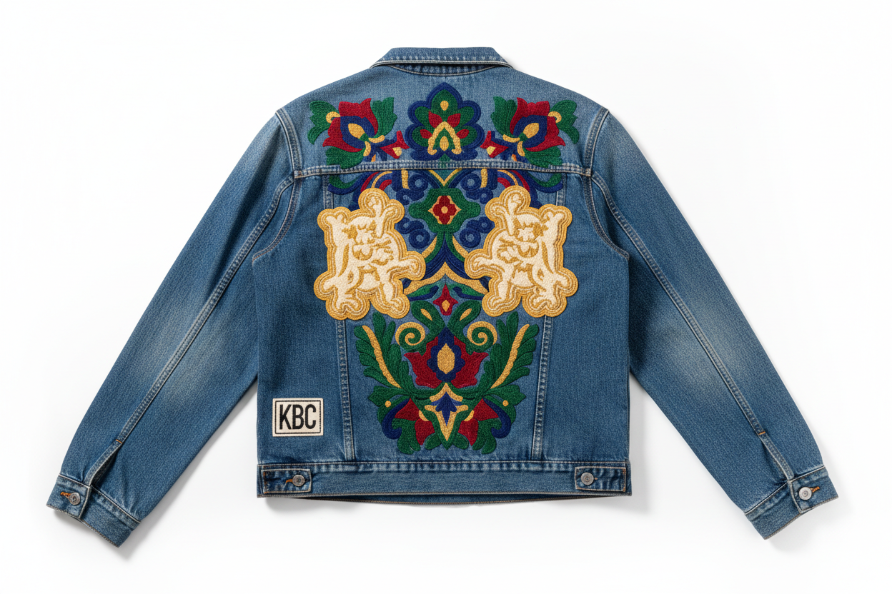 Custom embroidered denim jacket by Kingbird Clothing – high-density logo embroidery, chenille patches, KBC branding, B2B OEM factory