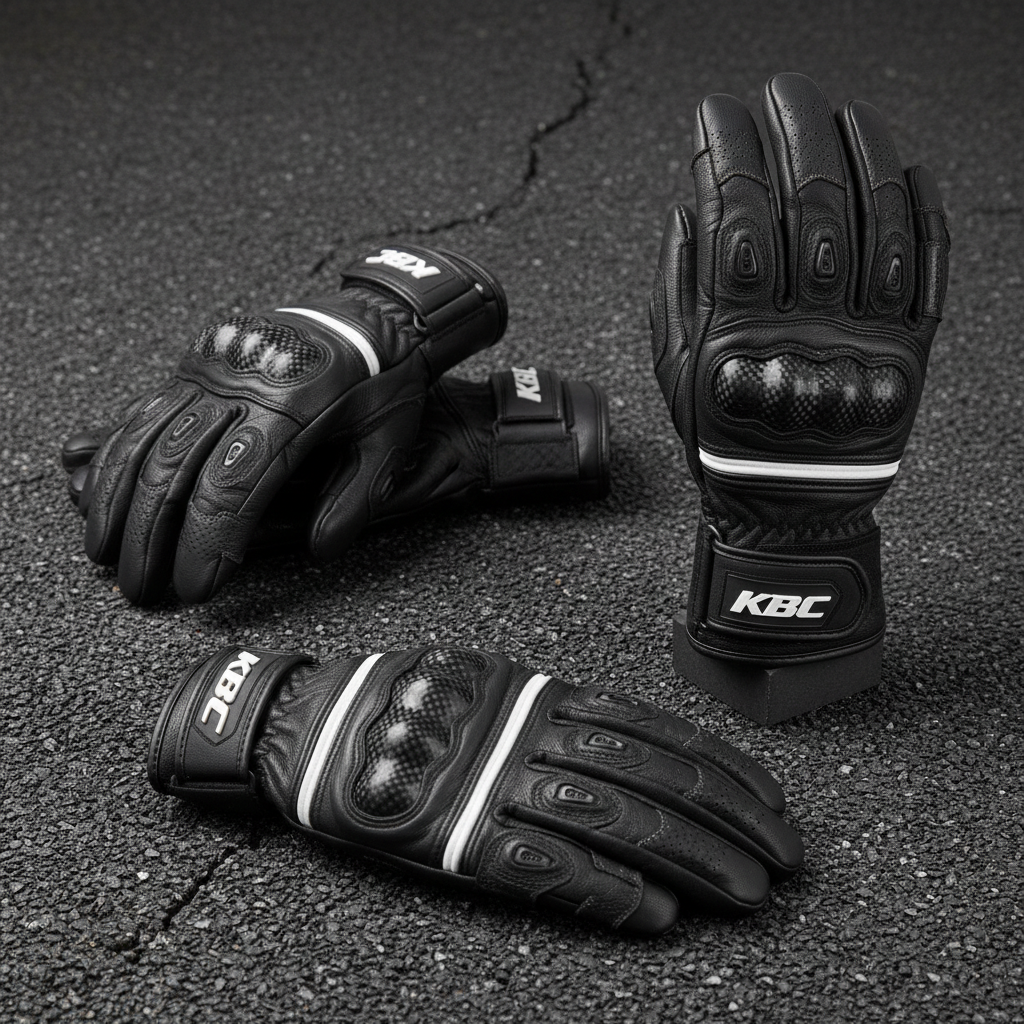 Custom motorbike gloves with KBC branding - wholesale leather and heated gloves manufacturer