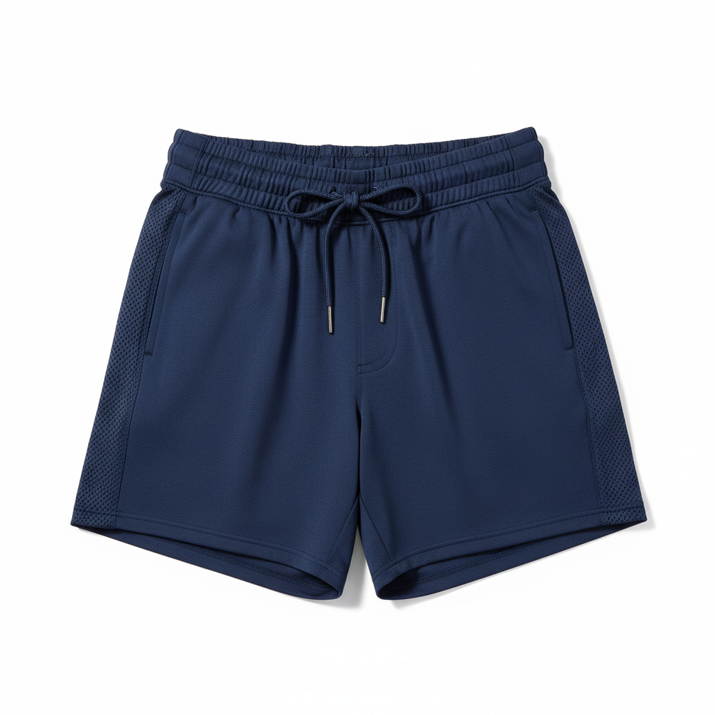 Custom athletic gym shorts in navy blue with moisture-wicking fabric and mesh panels