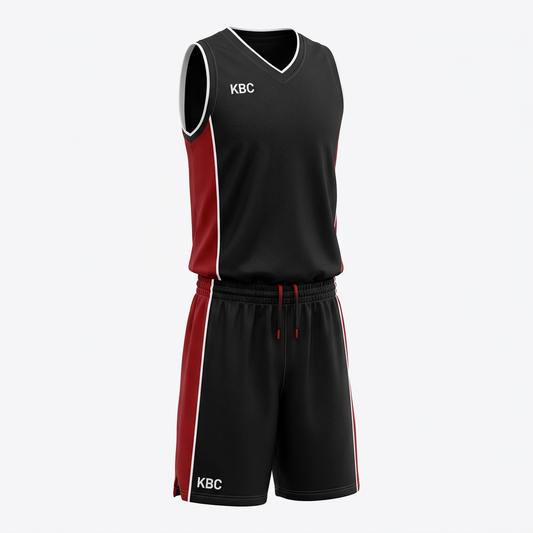 A black basketball uniform set featuring a sleeveless V-neck jersey and matching shorts. The jersey has red side panels, white piping details, and a white 'KBC' logo on the left chest.