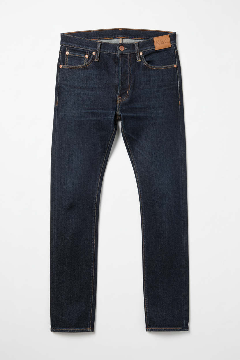 Raw selvedge denim jeans manufactured by Kingbird Clothing – dark indigo rigid denim, red selvedge ID stripe, copper rivets, KBC leather patch, B2B OEM factory