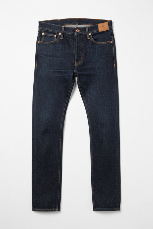 Raw selvedge denim jeans manufactured by Kingbird Clothing – dark indigo rigid denim, red selvedge ID stripe, copper rivets, KBC leather patch, B2B OEM factory